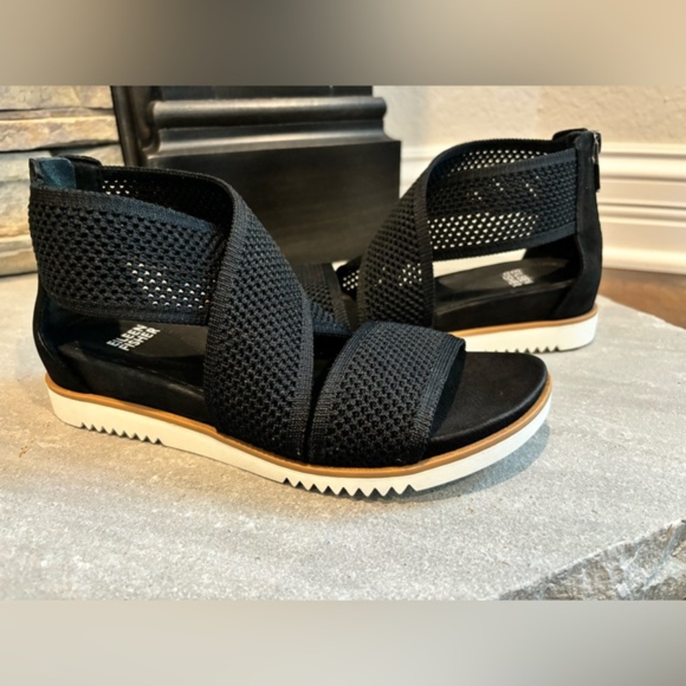 Eileen‎ Fisher Kitts Black Mesh Wedge Zip Sandals Women's Size 6.5